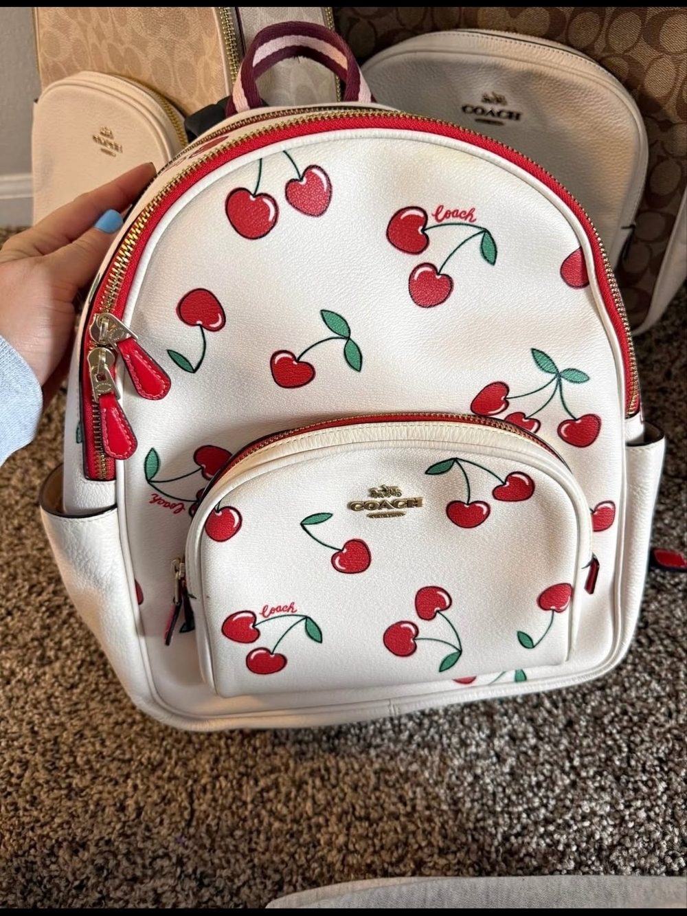 Coach Court Backpack Heart Cherry Print Leather Chalk White Women Bag CE628